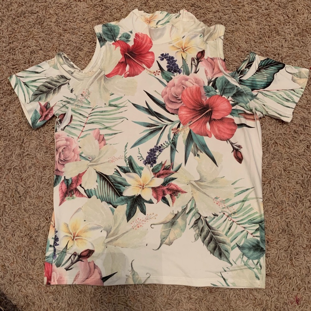 Tropical high neck shoulder cut out tee